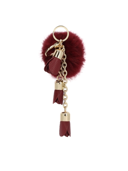 Maroon key ring with pom-pom and leather details EMMIE