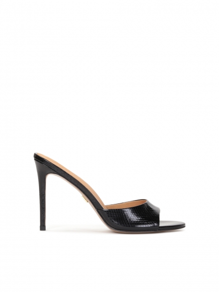 Black mules on a heel made of embossed leather AUDE