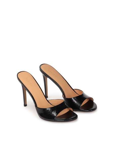 Black mules on a heel made of embossed leather AUDE