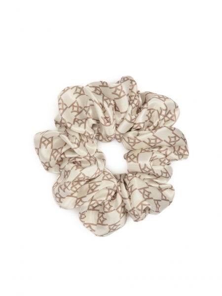 White satin rubber band with brown KAZAR monograms PAPILLON