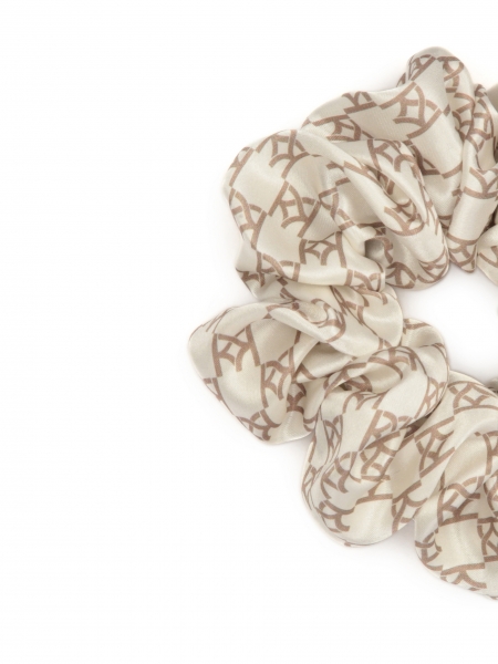 White satin rubber band with brown KAZAR monograms PAPILLON