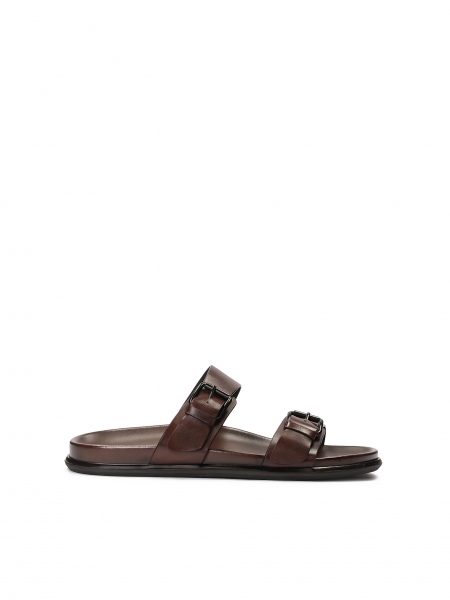 Leather brown slides with two adjustable straps LANIN