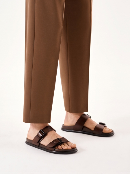 Leather brown slides with two adjustable straps LANIN