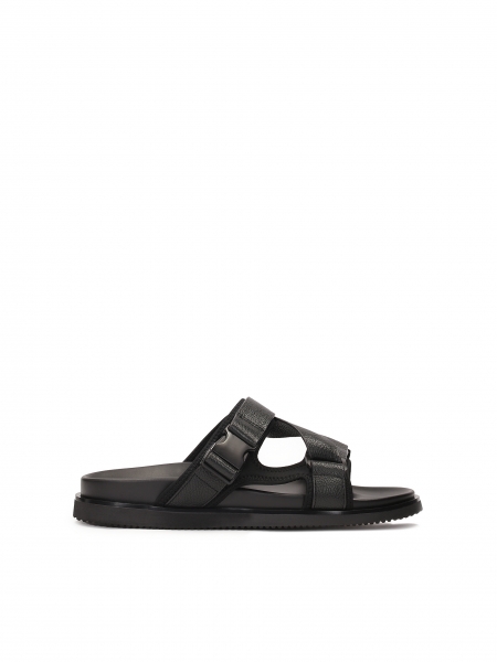 Mens' leather slides in black color  LUDVIC