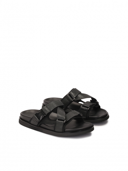 Mens' leather slides in black color  LUDVIC