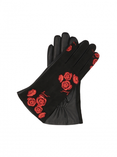 Elegant black gloves with embroidered red flowers  ERNA