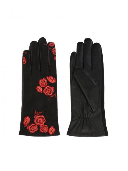 Elegant black gloves with embroidered red flowers  ERNA