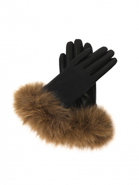 Black leather gloves with synthetic fur  ANIKA