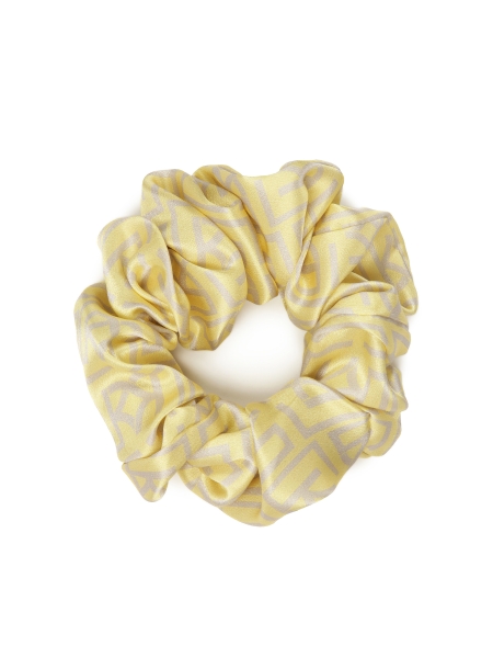 Yellow hair scrunchie with grey monograms by KAZAR PAPILLON