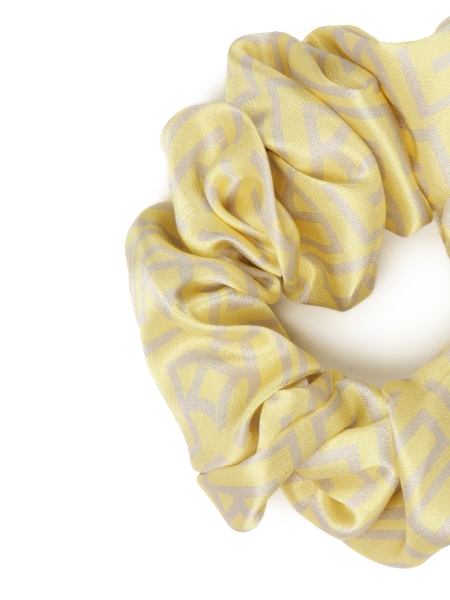 Yellow hair scrunchie with grey monograms by KAZAR PAPILLON