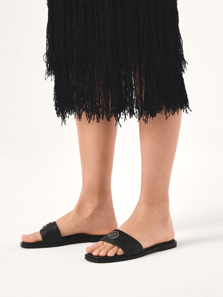 Black leather slides with silver monogram KAZAR FRIDA