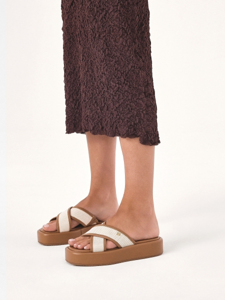 Brown slides in leather and canvas fabric  AQUA