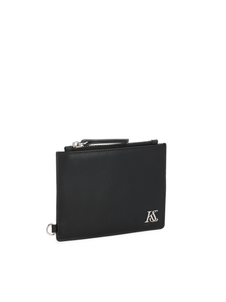 Black leather card case with detachable strap and zipper pocket KS CHARENTE