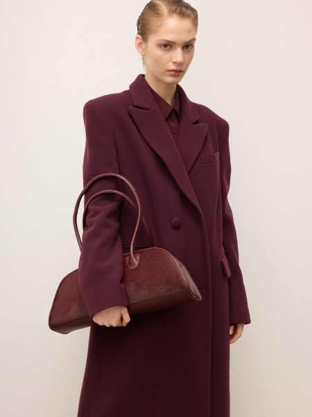 Maroon oblong shaped leather handbag with bristles KS MODE