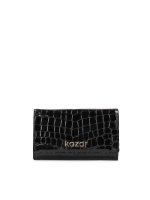 Ladies’ compact black wallet in patent leather in animal pattern
