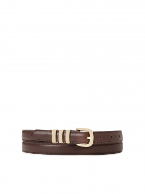 Narrow belt made of smooth leather in dark brown color 