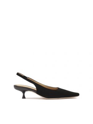 Black suede pumps with open heel and extended nose