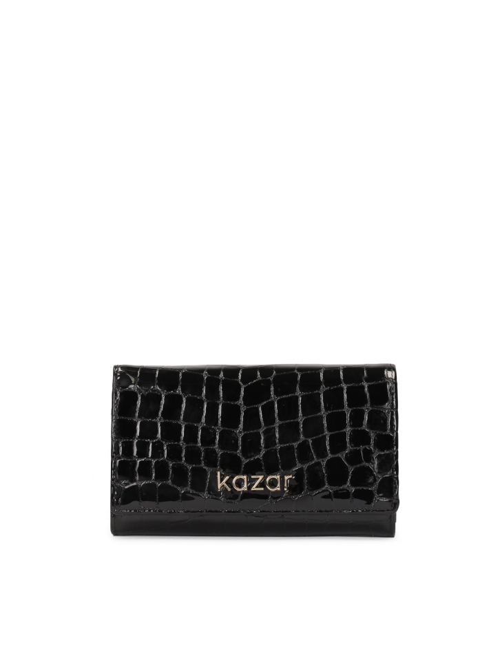 Ladies’ compact black wallet in patent leather in animal pattern SANTI