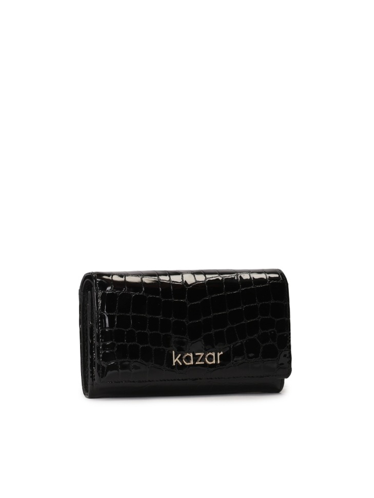 Ladies’ compact black wallet in patent leather in animal pattern SANTI