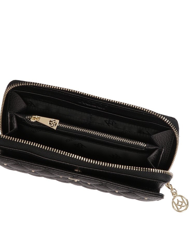 Large black zip wallet decorated with rivets  ROLETTE