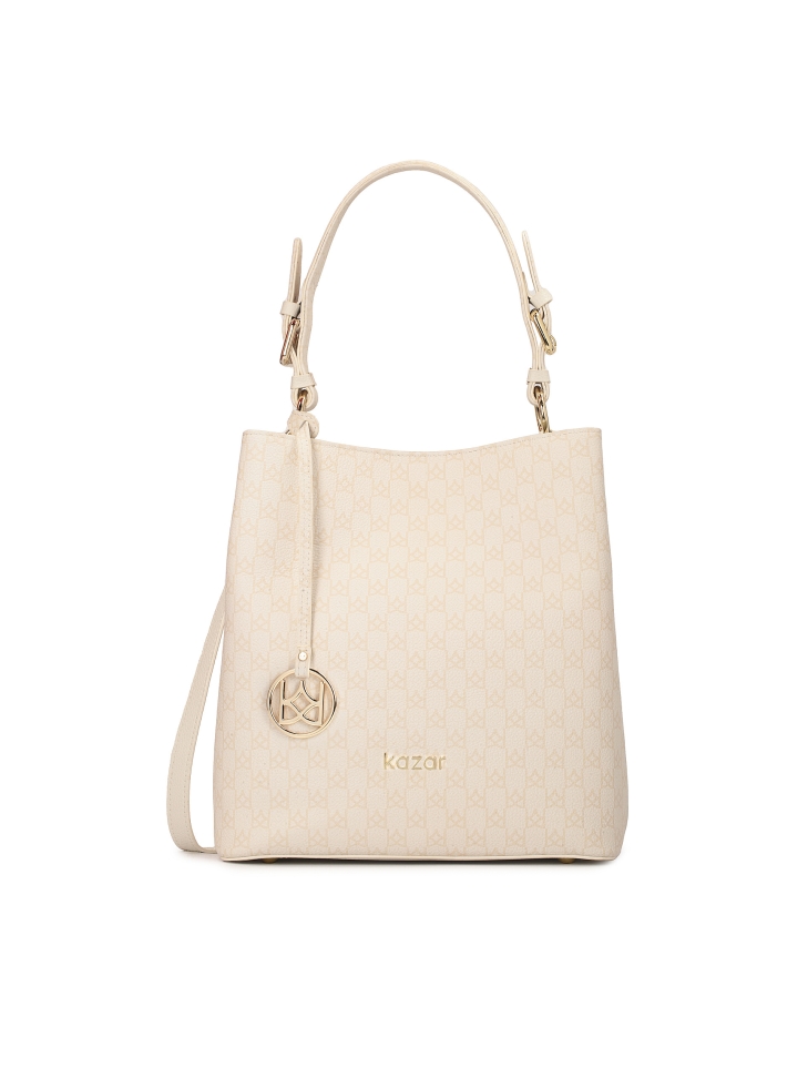 Leather handbag with beige print VICTORIA