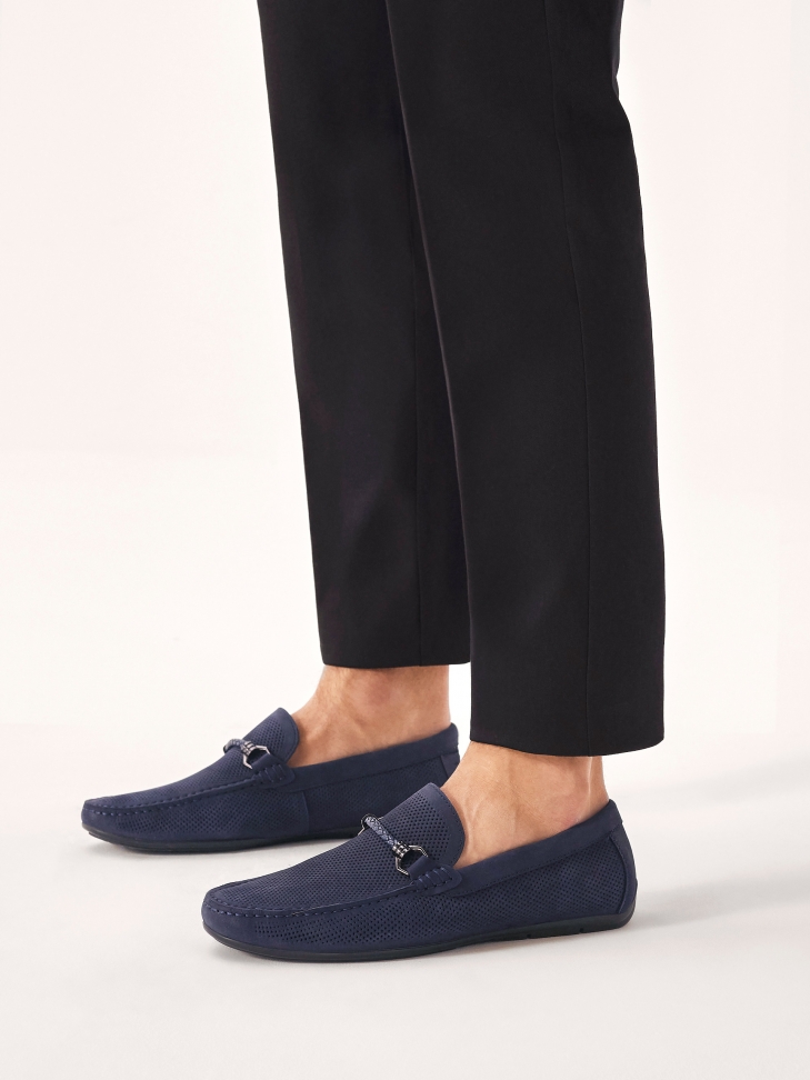 Men's stylish nubuck navy blue moccasins with an application KYLO