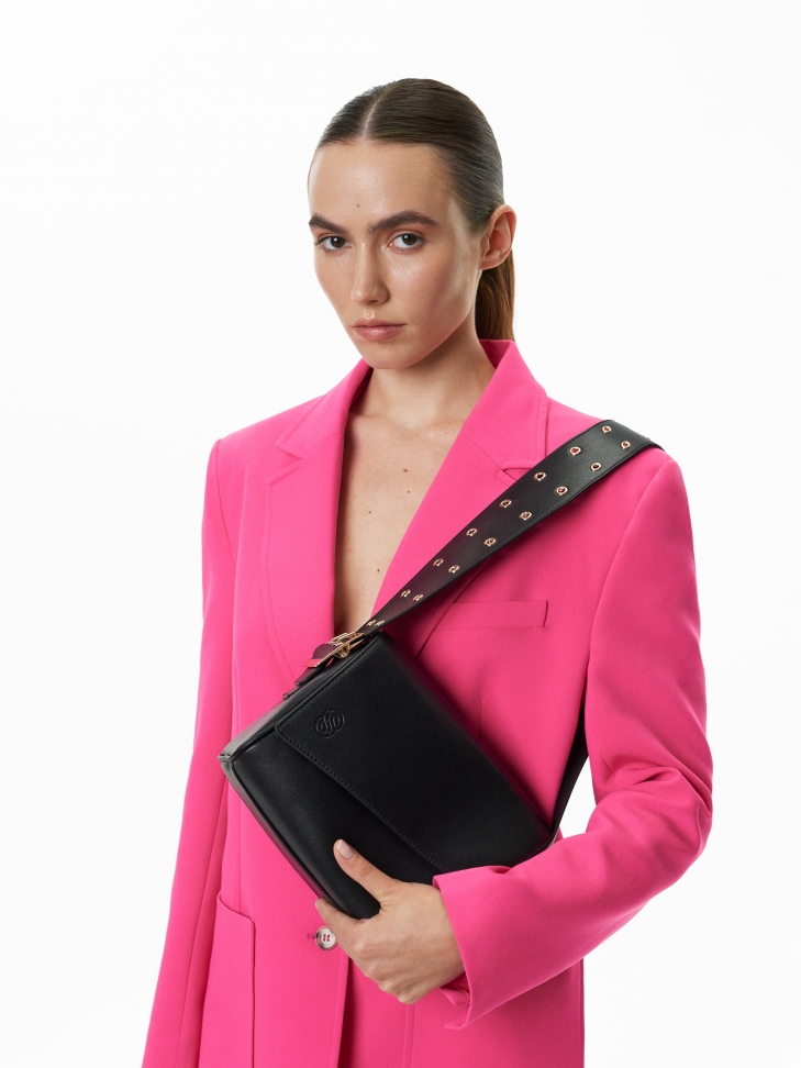 Black leather shoulder bag with an asymmetrical flap LEA