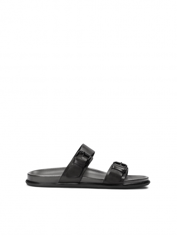 Black slides in grain leather for urban style LANIN