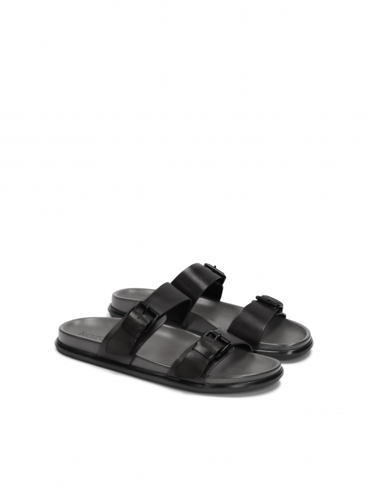 Black slides in grain leather for urban style LANIN