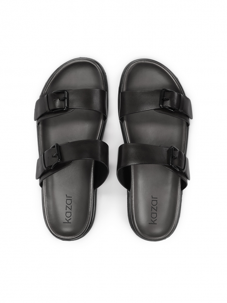 Black slides in grain leather for urban style LANIN