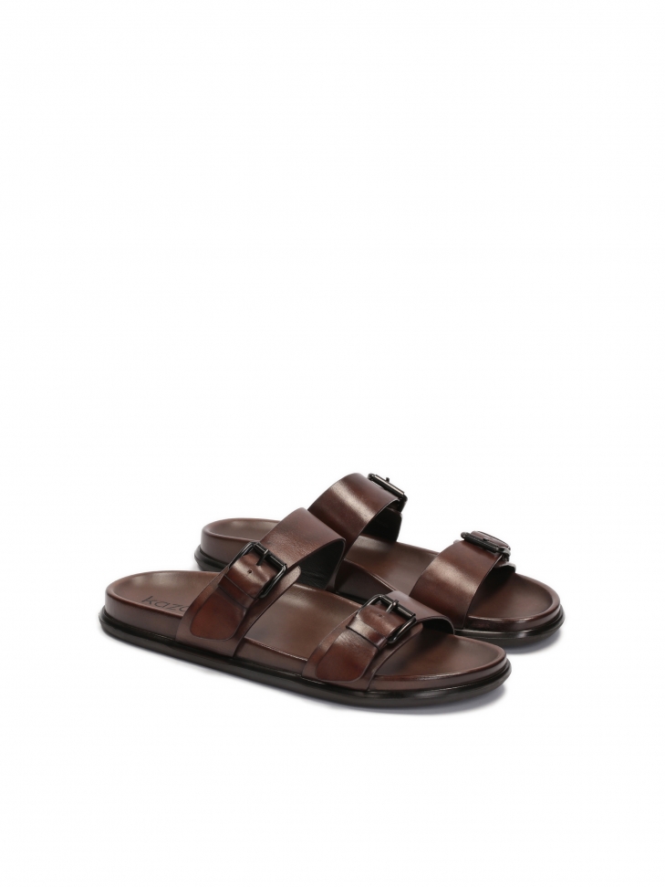 Leather brown slides with two adjustable straps LANIN
