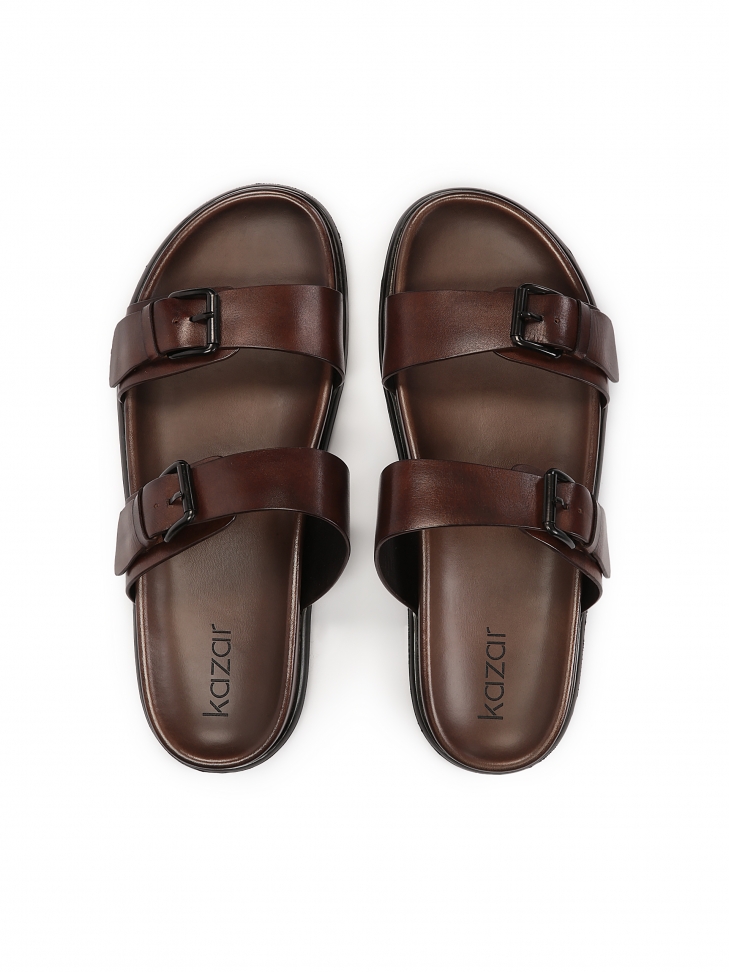 Leather brown slides with two adjustable straps LANIN