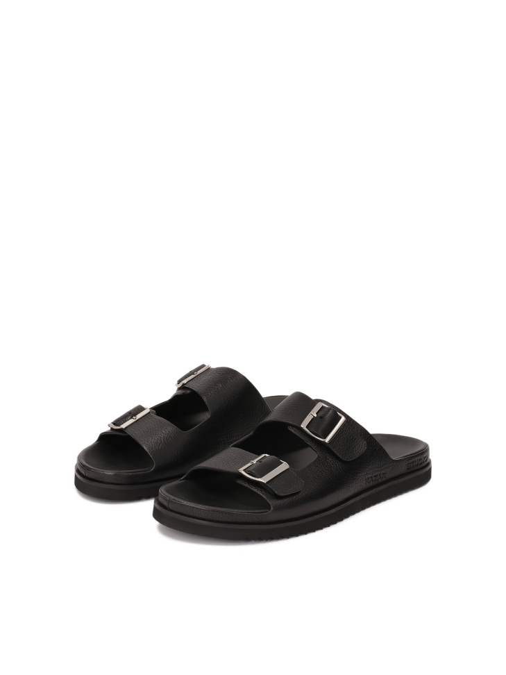 Black leather slides with two straps  JEFFERSON