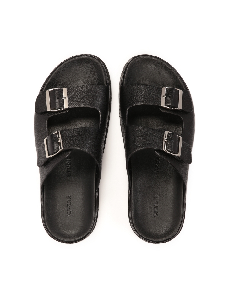 Black leather slides with two straps  JEFFERSON