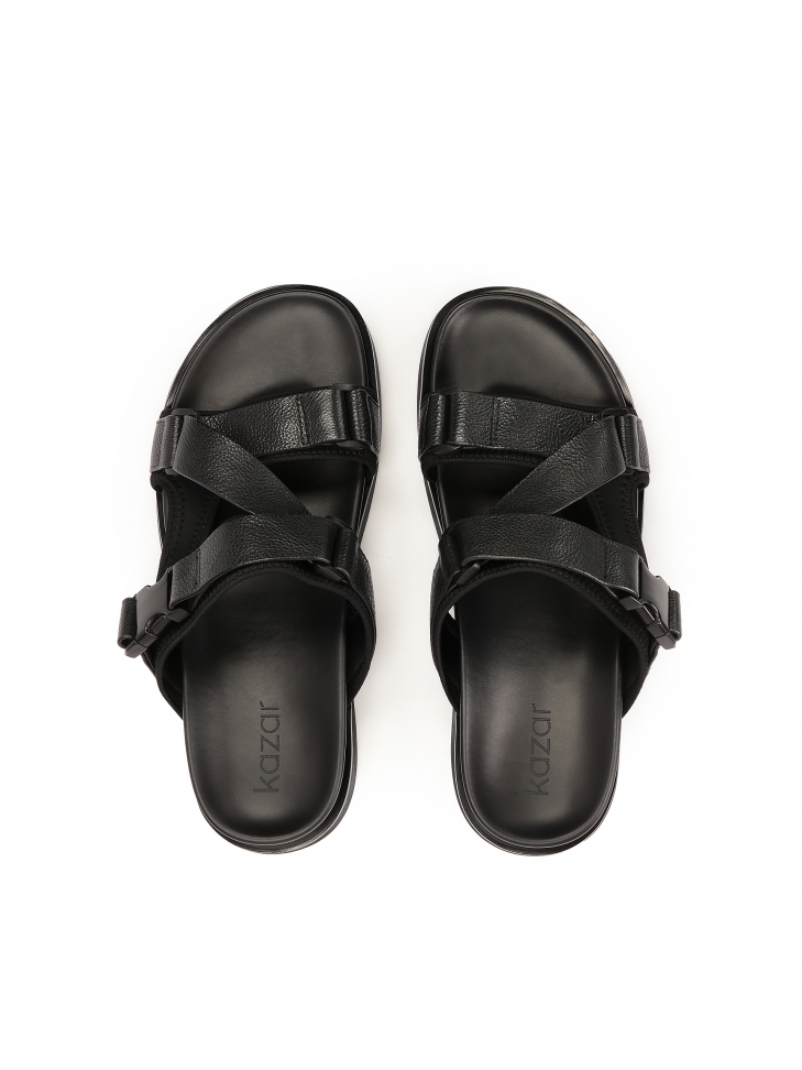 Mens' leather slides in black color  LUDVIC