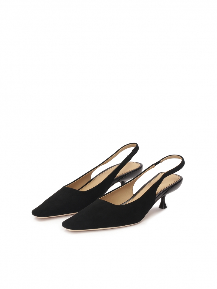 Black suede pumps with open heel and extended nose MALIKA