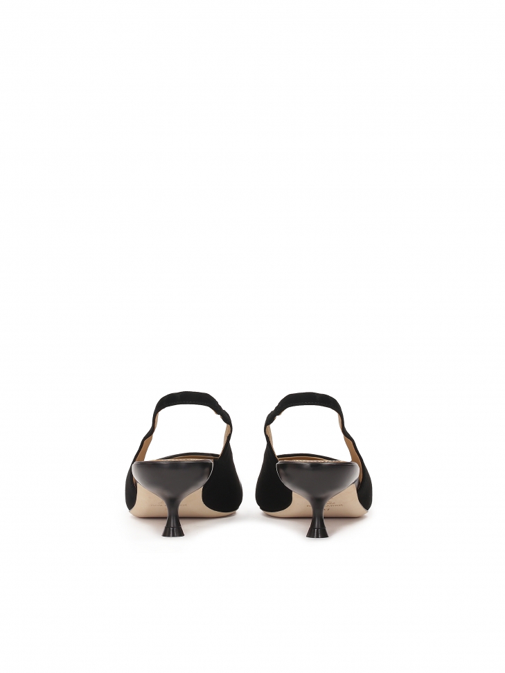 Black suede pumps with open heel and extended nose MALIKA