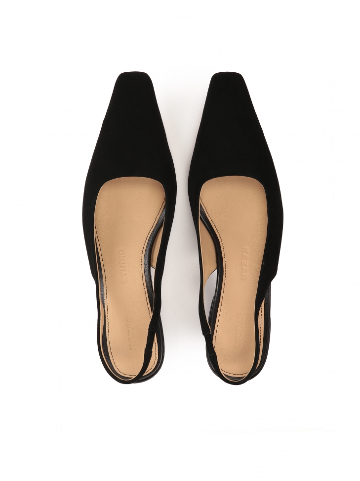 Black suede pumps with open heel and extended nose MALIKA