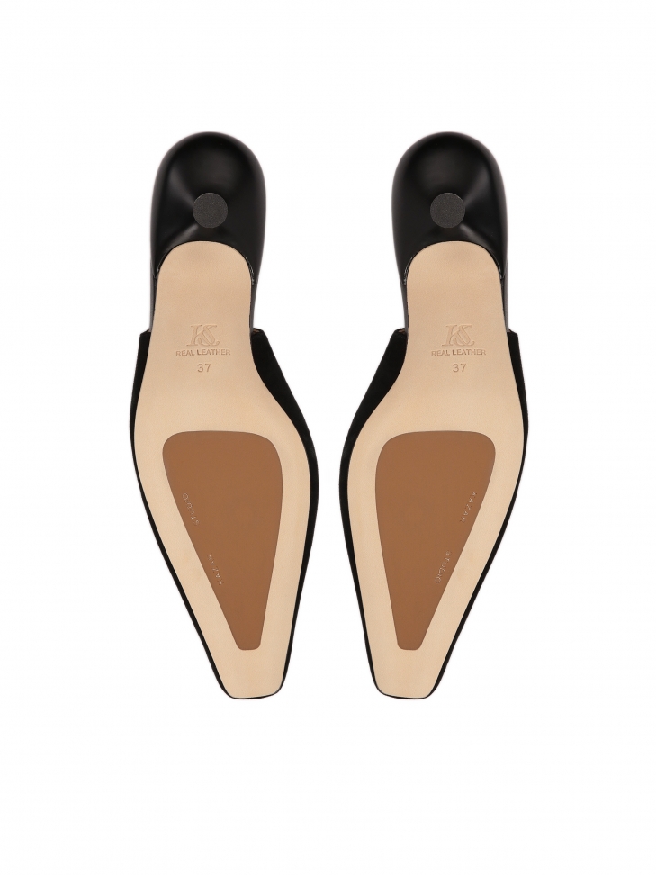 Black suede pumps with open heel and extended nose MALIKA