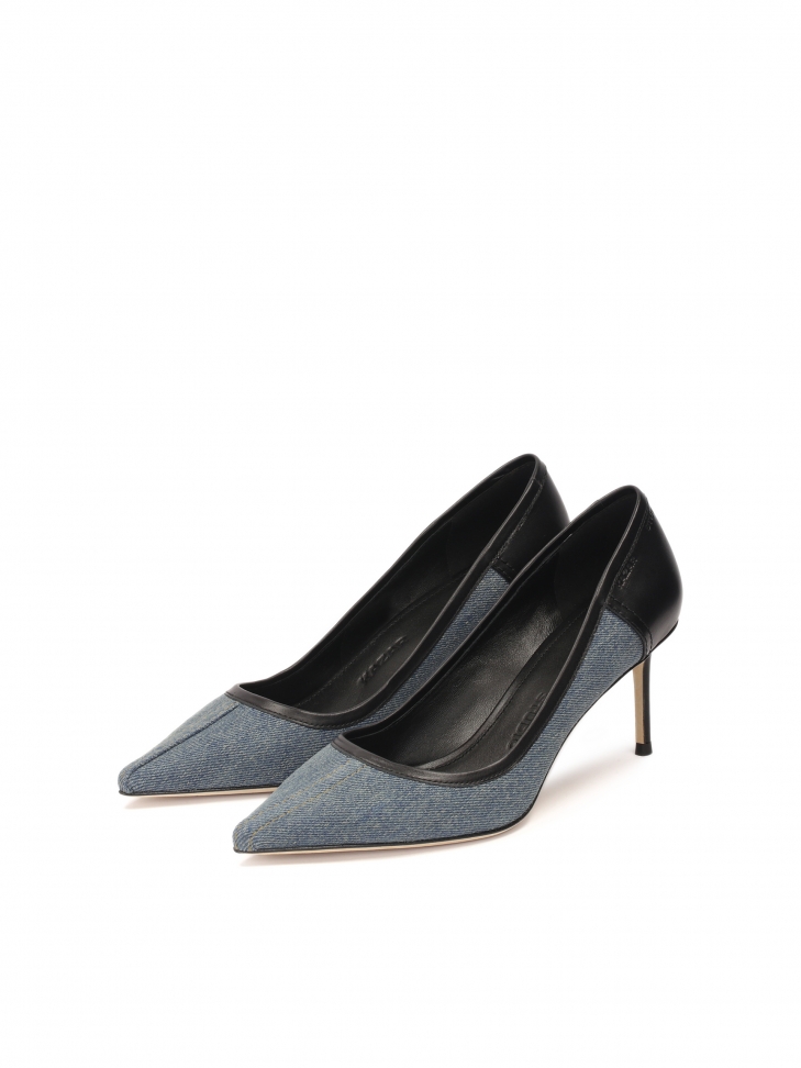 Denim fabric and leather pumps CHANTEL