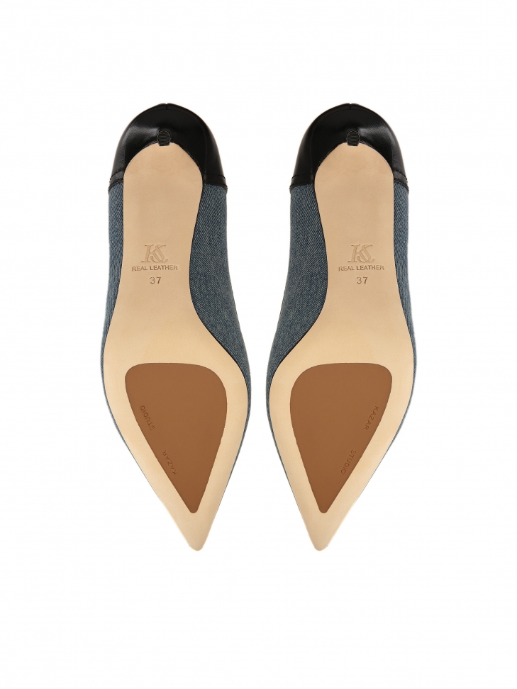 Denim fabric and leather pumps CHANTEL