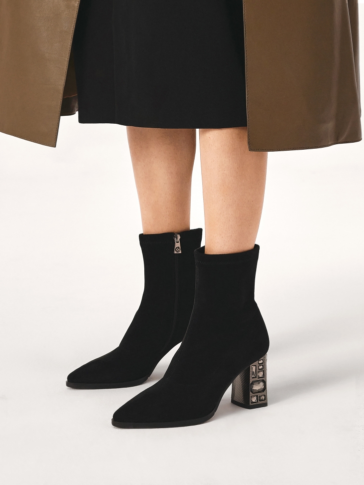 Stretch fabric boots with an embellished heel ERIKA