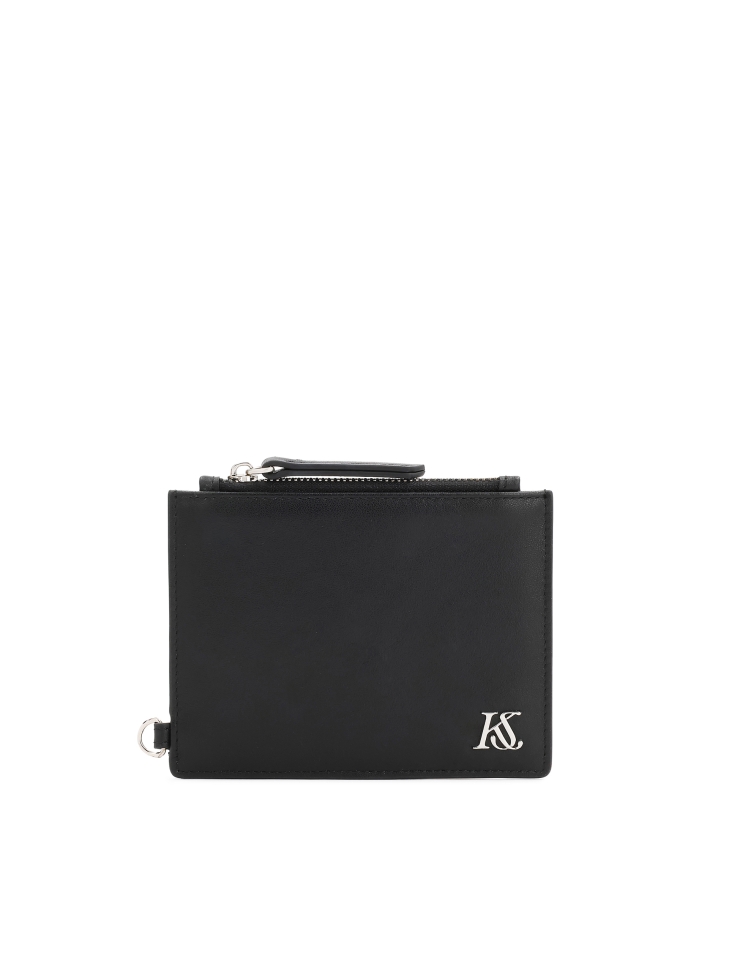 Black leather card case with detachable strap and zipper pocket KS CHARENTE