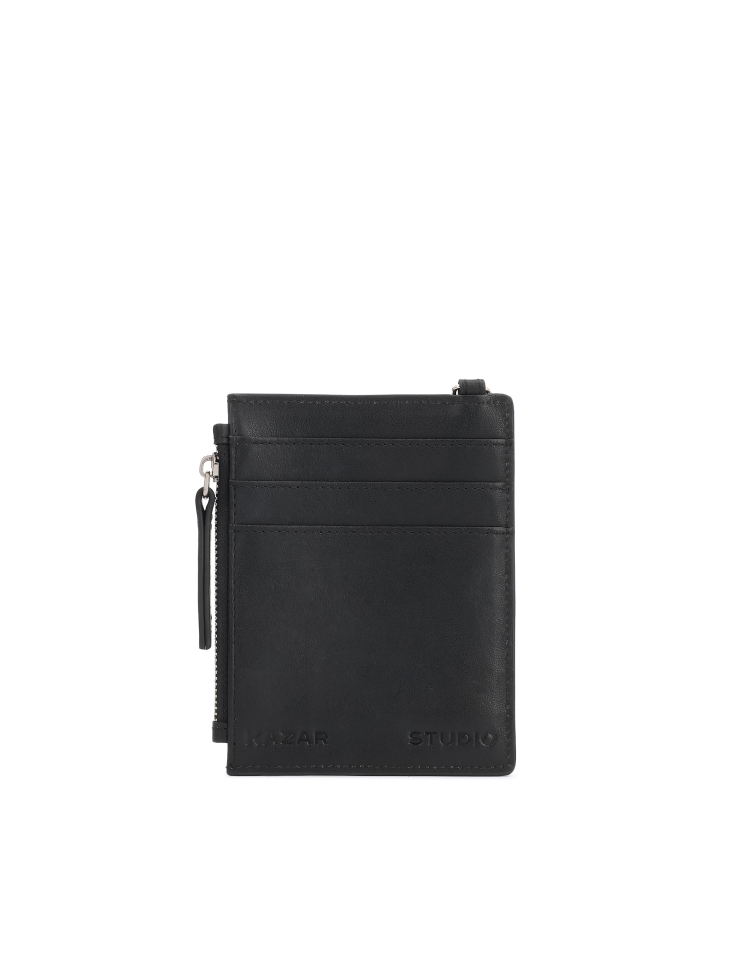 Black leather card case with detachable strap and zipper pocket KS CHARENTE