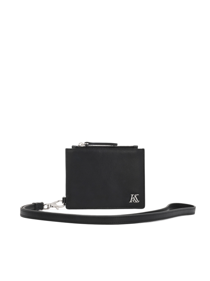 Black leather card case with detachable strap and zipper pocket KS CHARENTE