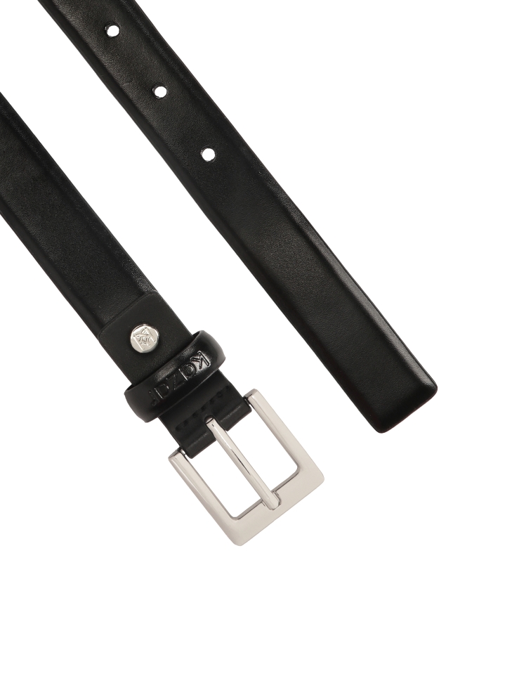 Black leather belt with logoed loop and silver buckle SERENA