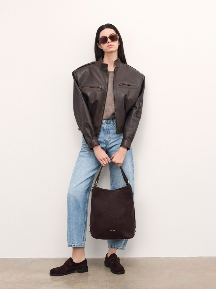 Brown natural suede handbag with minimalist design JERRIAR