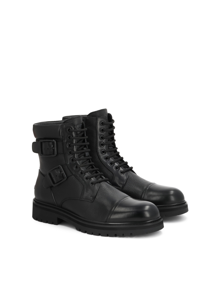 Black leather men's boots with buckles and lace-up upper ILLTES