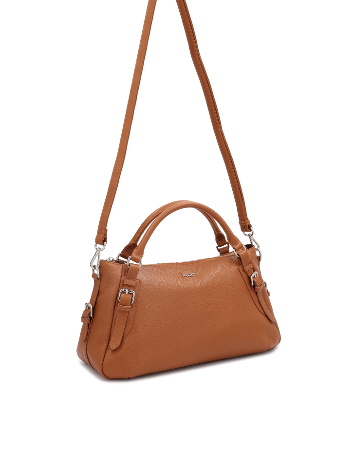 Light brown leather handbag with handles and silver details ELEONORE
