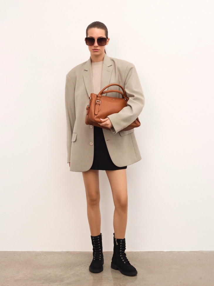 Light brown leather handbag with handles and silver details ELEONORE